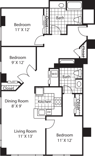 Three Bedroom 1395 A floorplan