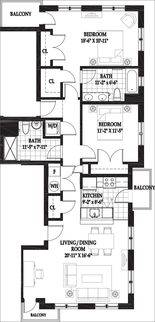 Villa Two Bedroom 3rd Floor with Balcony floorplan