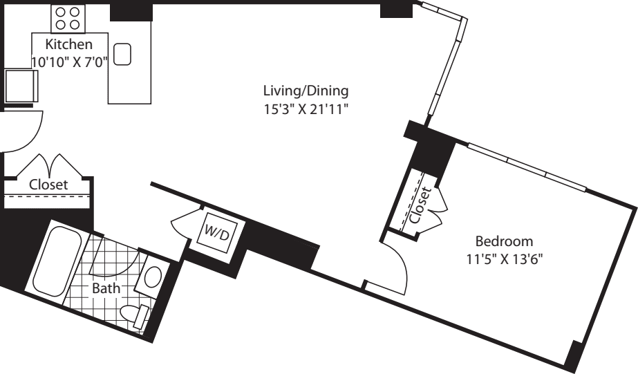 1 Bed (South) - 810 floorplan