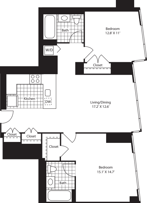 Two Bedroom ShwrMstr East FL 47-49 No terrace floorplan
