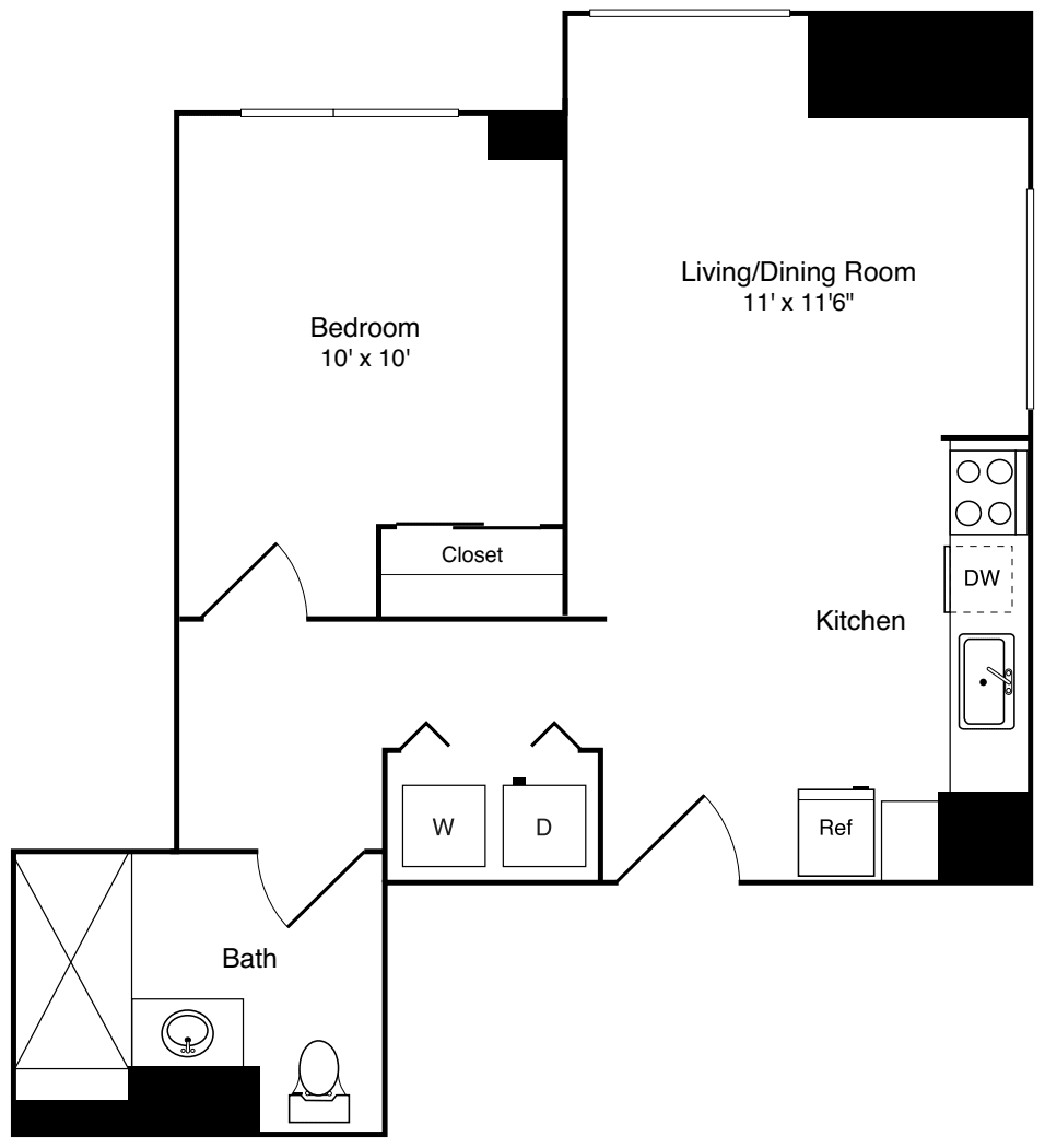 1 Bedroom - w/balcony, WD & AC