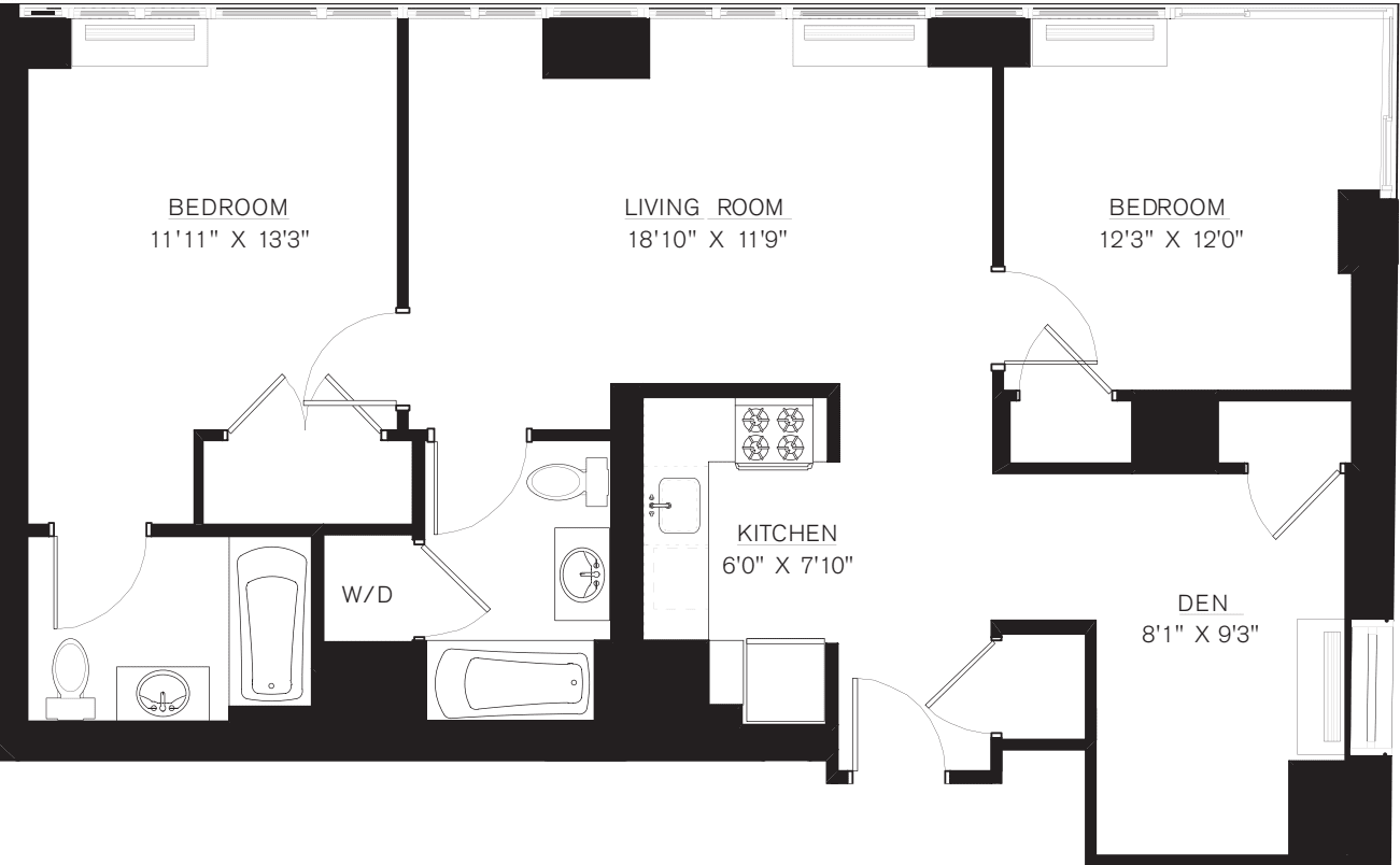 2 bedroom E Line with Den floors 42-50 floorplan