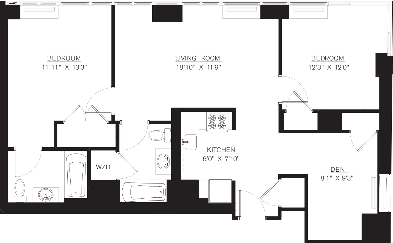 2 bedroom E Line with Den floors 42-50
