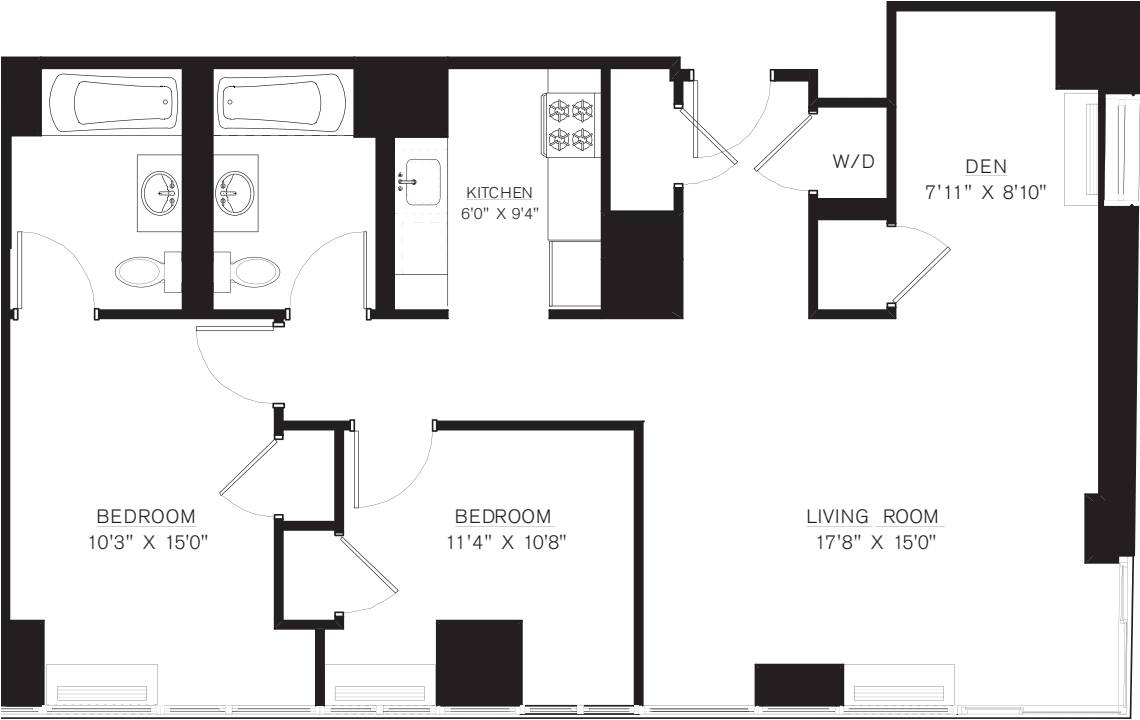 2 bedroom with Den F Line floors 42-50 floorplan