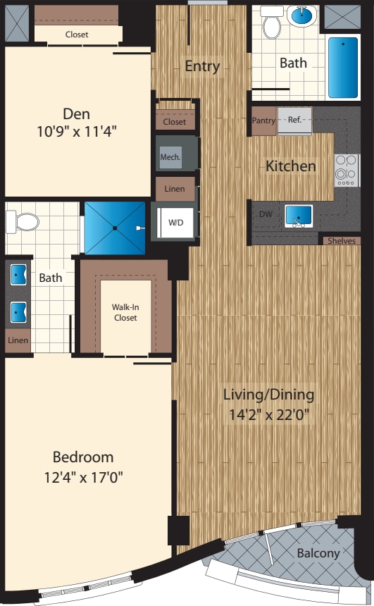 One Bedroom+Den J 1193 floorplan