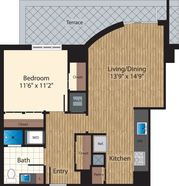 One Bedroom E 921 floorplan