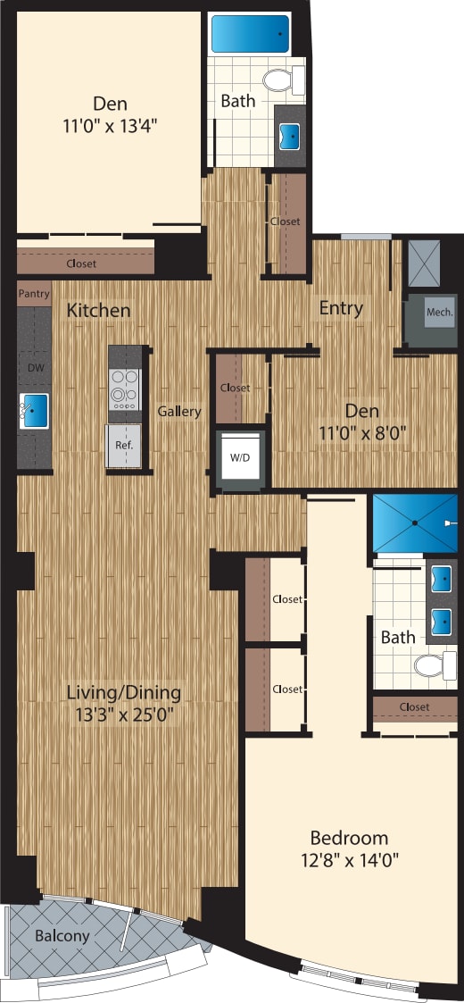 One Bedroom +Den Two Bath B 1493 floorplan