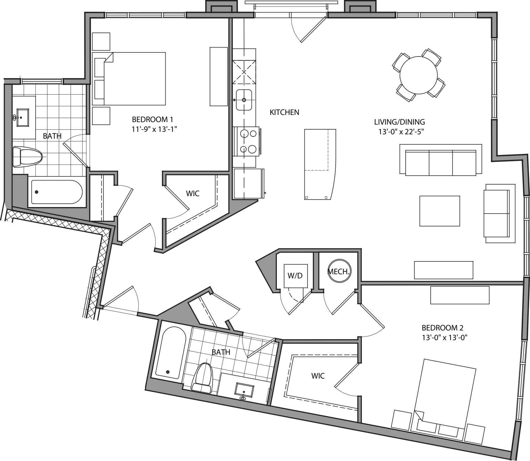 2 Bdrm L floorplan