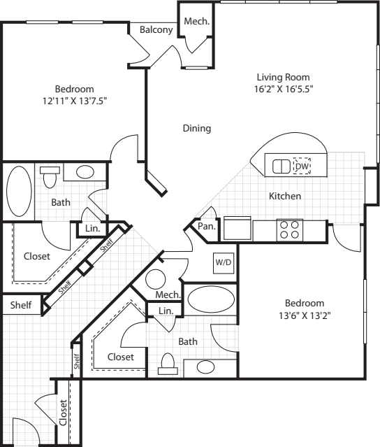2 Bedrooms H floorplan