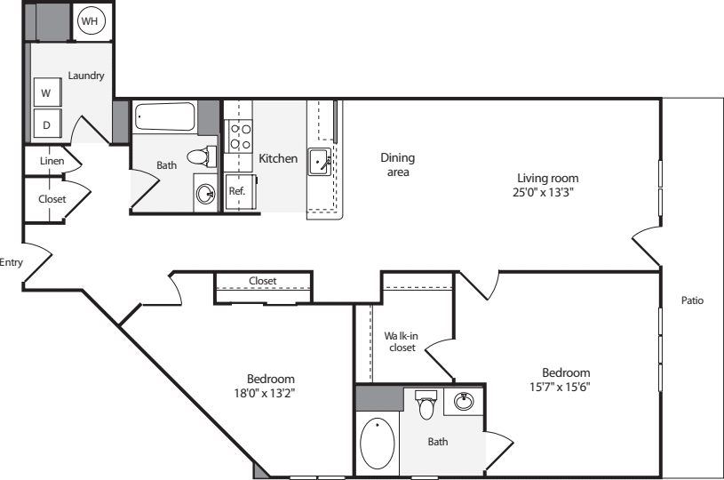 2 Bedrooms L floorplan