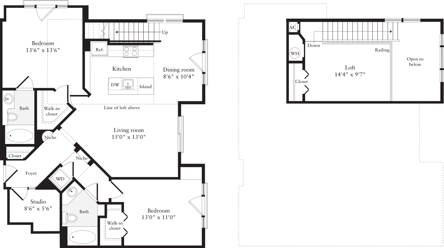 2 Bedrooms L floorplan