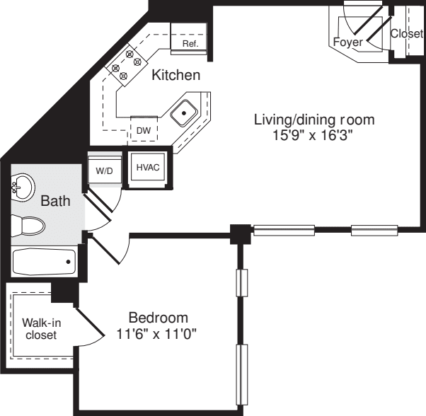 1 Bedroom J floorplan