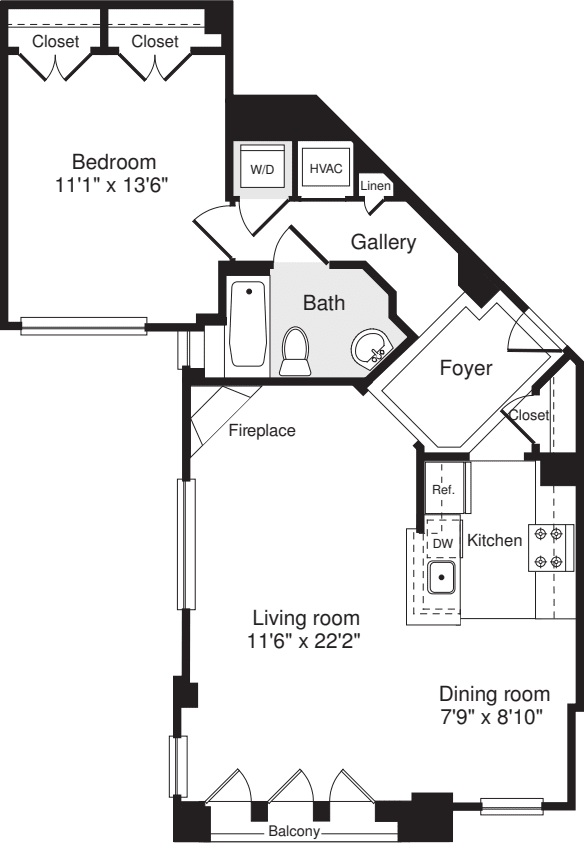 1 Bedroom U floorplan