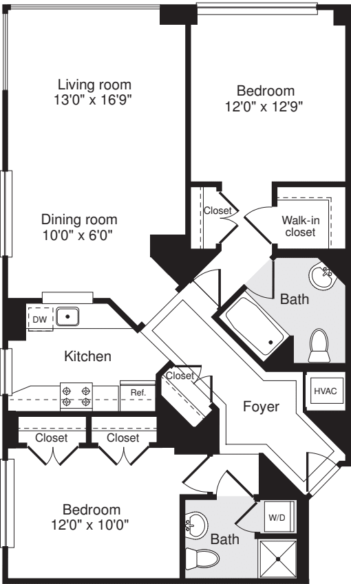 2 Bedrooms L floorplan