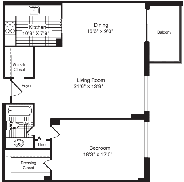 1 Bedroom U floorplan