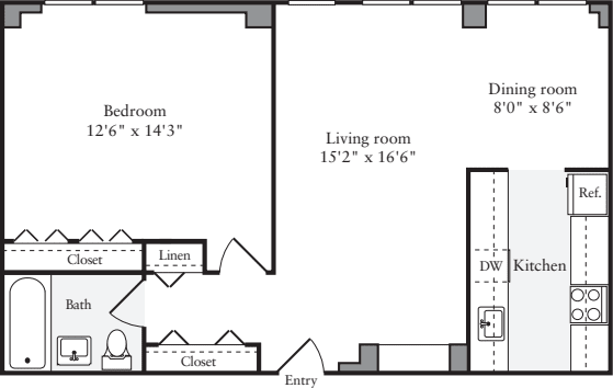 1 Bedroom K Floors 2-4 floorplan
