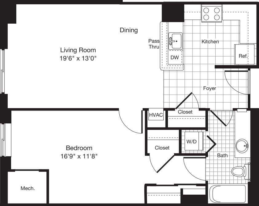 1 Bedroom Q floorplan