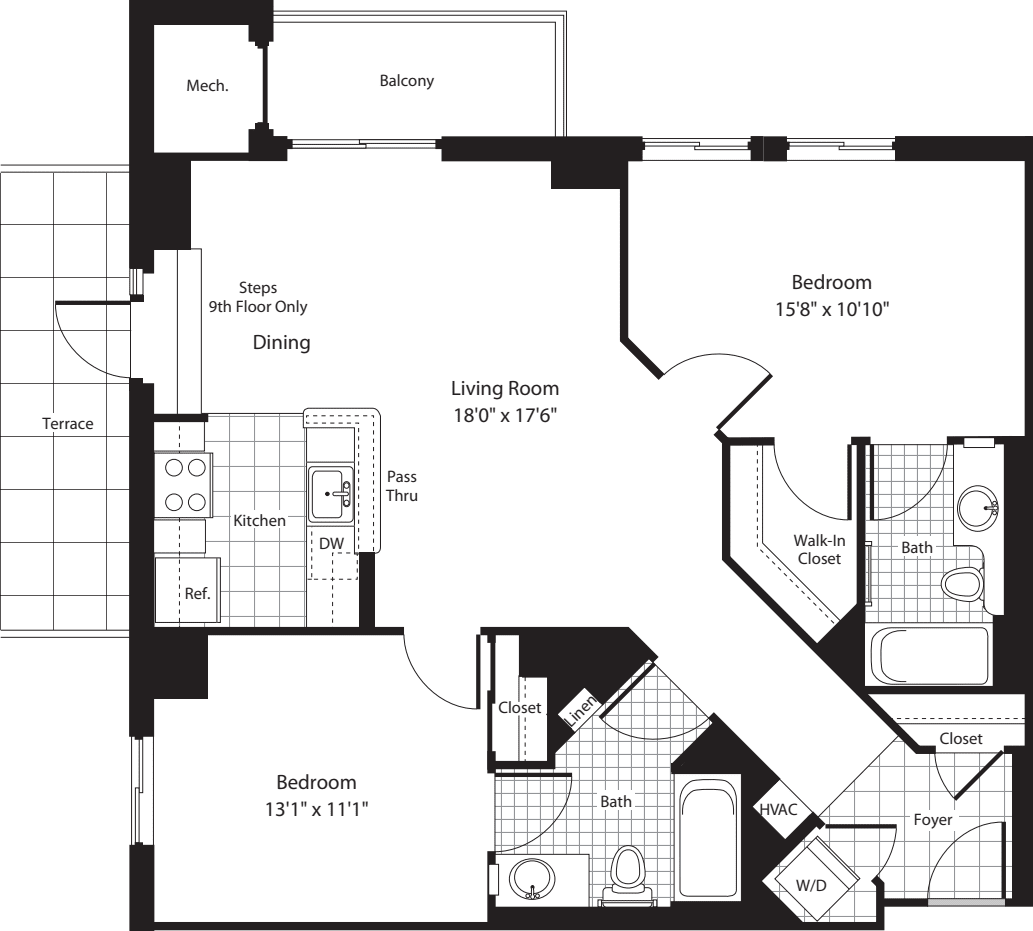 2 Bedrooms L floorplan