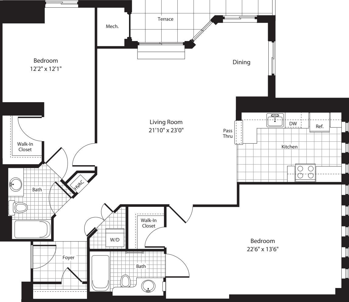 2 Bedrooms U floorplan