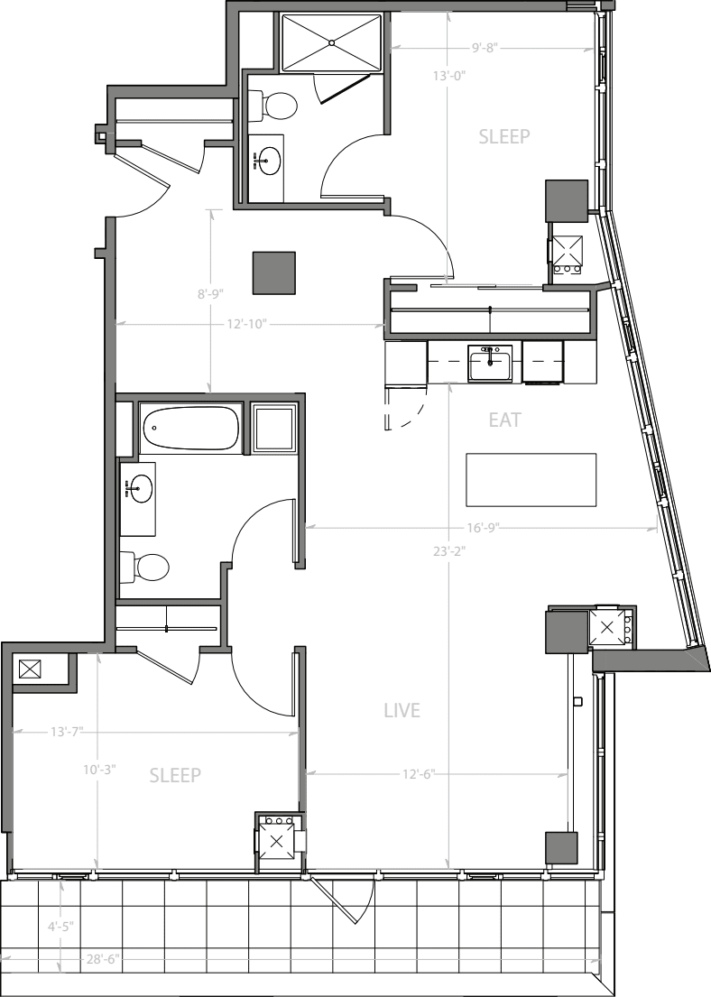 Penthouse B with Deck 2BR floorplan