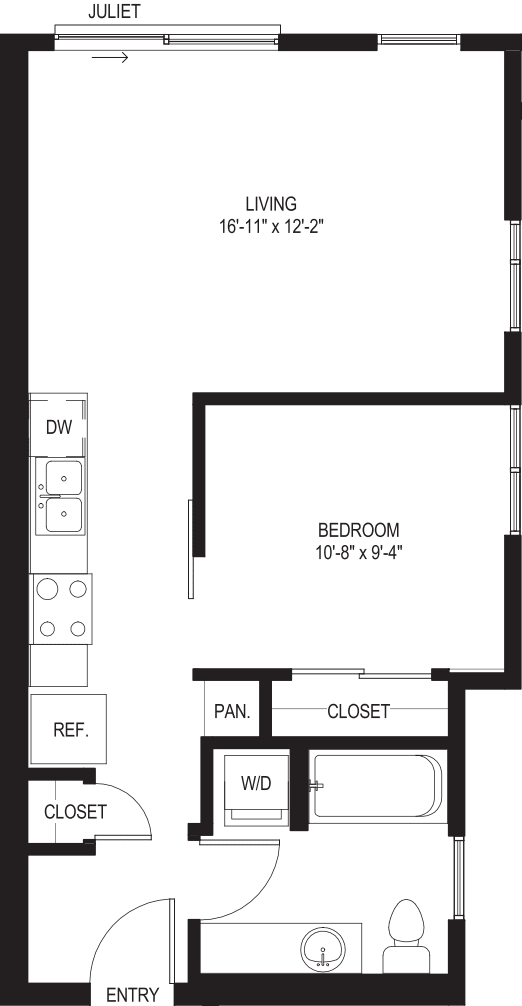 One Bedroom A3 with Juliet Balcony floorplan