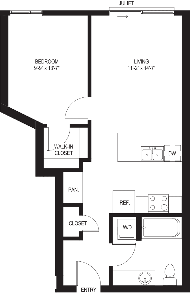 One Bedroom A2 with Juliet Balcony floorplan