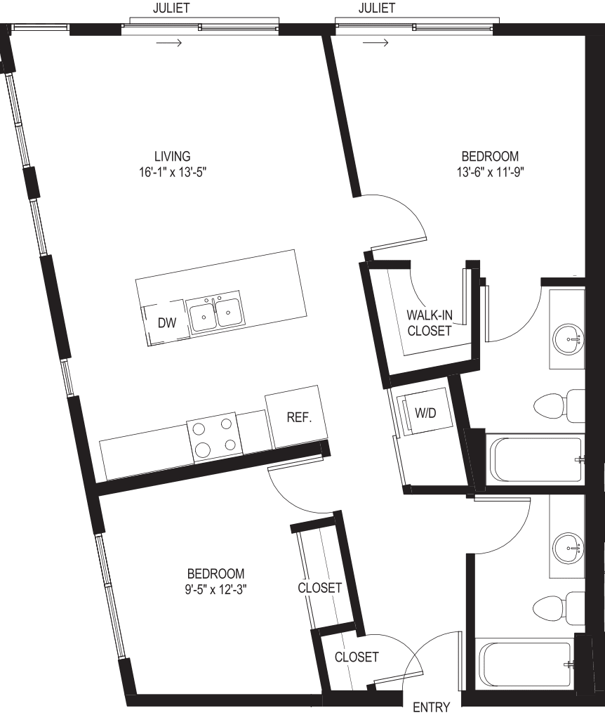 Two Bedroom B1 with Juliet Balcony floorplan
