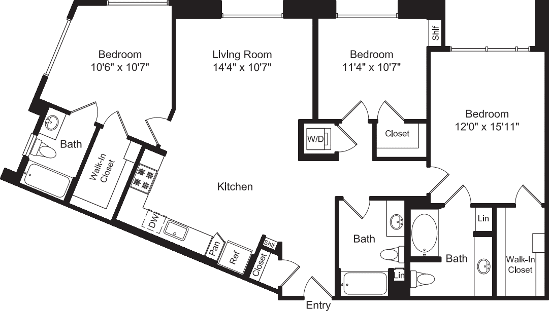 Three Bed C2 No Balconies floorplan
