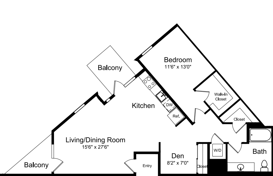1 Bedroom C with 2 Balconies floorplan