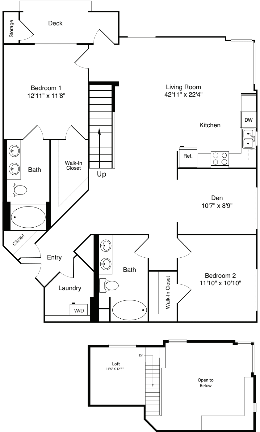 2 Bed with Loft and Den floorplan