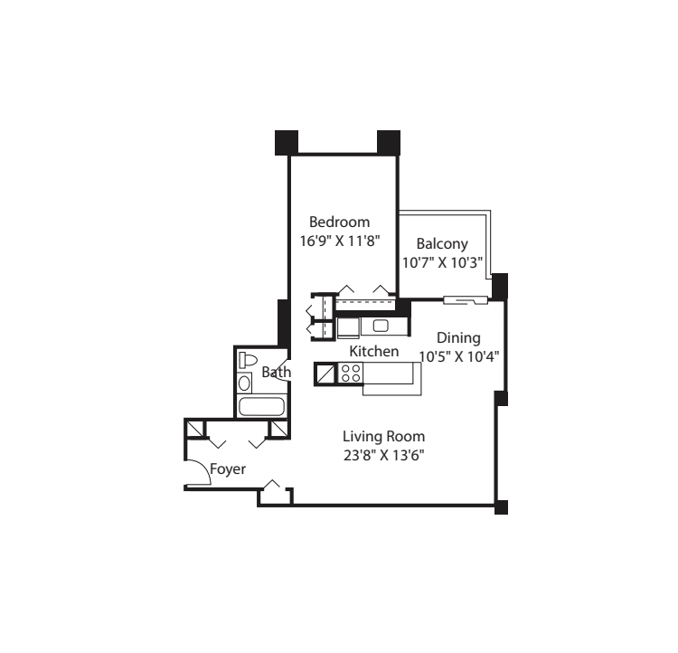 Longfellow One Bedroom B Renovated floorplan
