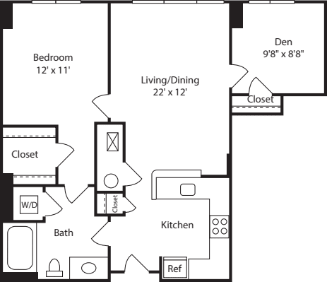 C1 (1x1 with den) floor plan