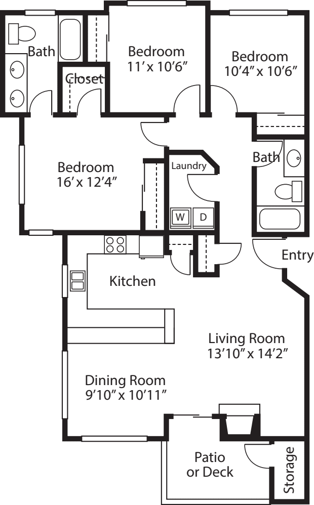 Three Bedroom  Two Baths floor plan