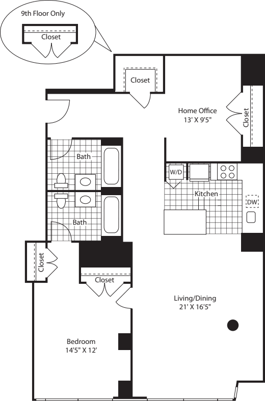 One Bedroom Home office 3-5-7-9_1257 floor plan