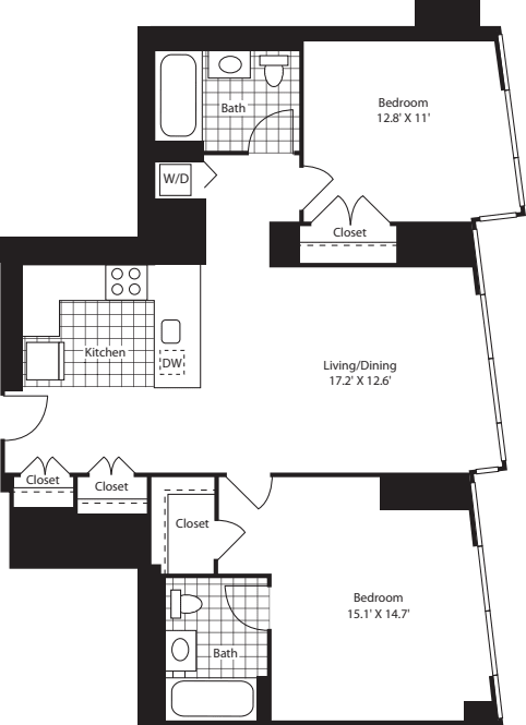 Two Bedroom ShwrMstr East FL 47-49 No terrace floor plan