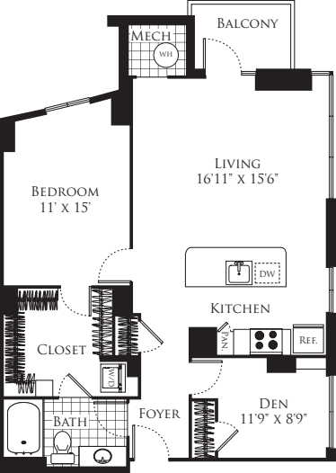 1 Bedroom with Den 1012 floor plan