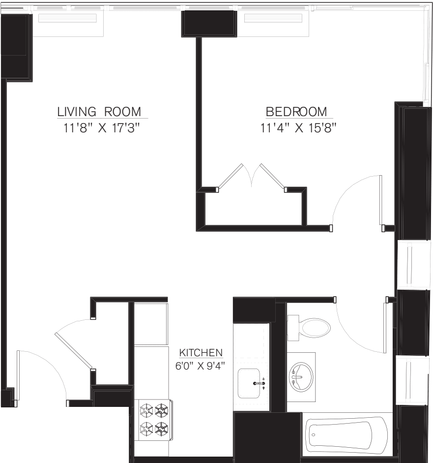 1 bedroom F Line floors 17-41 floor plan