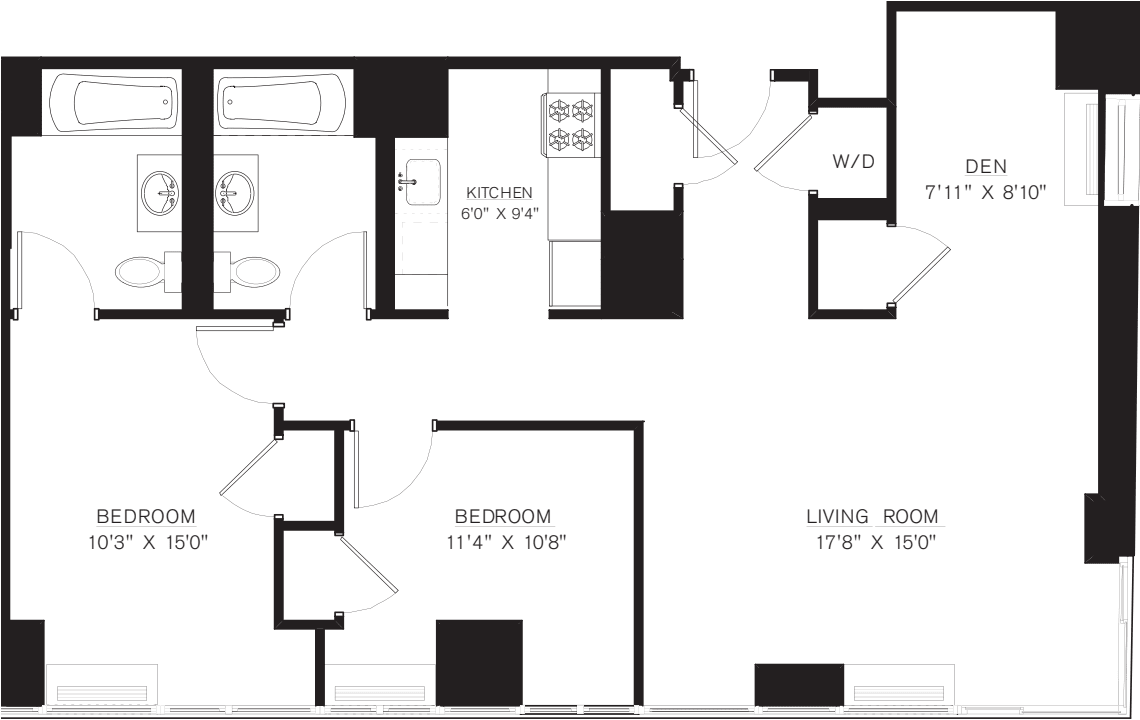 2 bedroom with Den F Line floors 42-50 floor plan