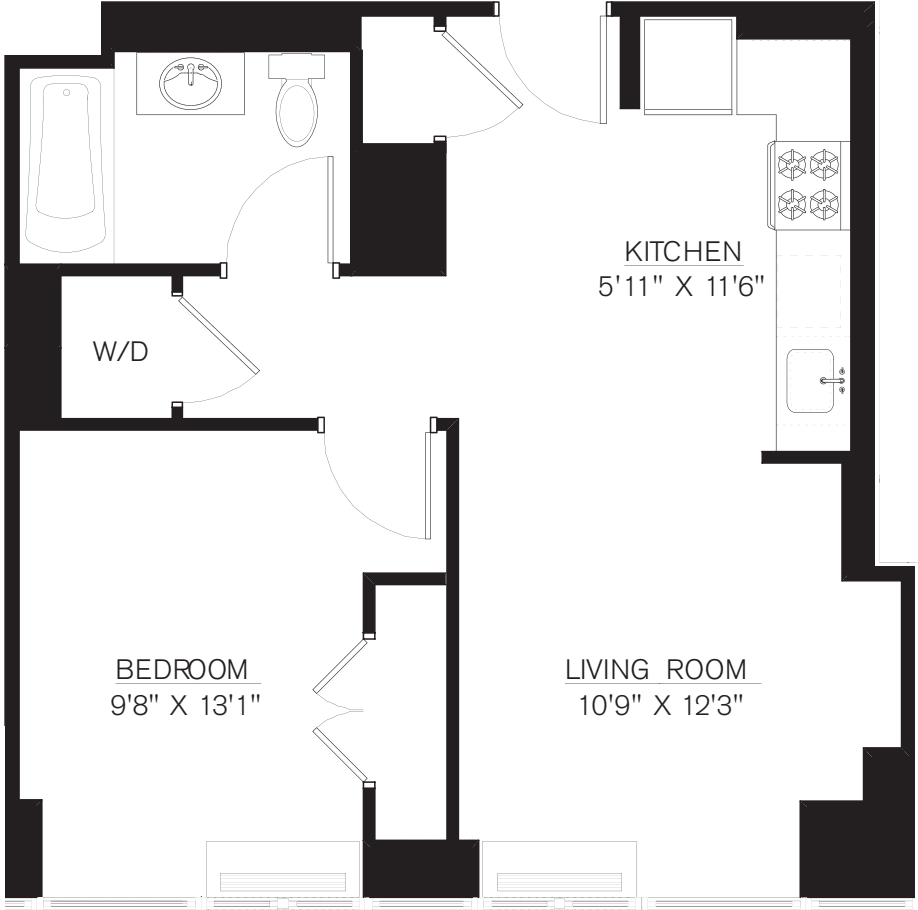 1 Bedroom K Line floors 8-41 floor plan