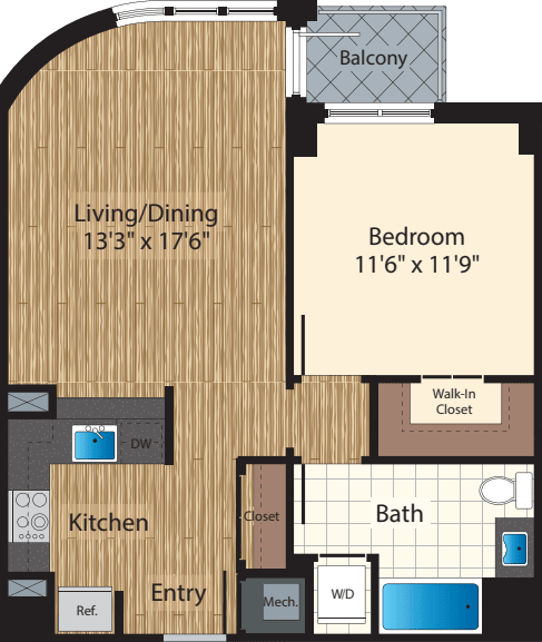 One Bedroom E 736 floor plan