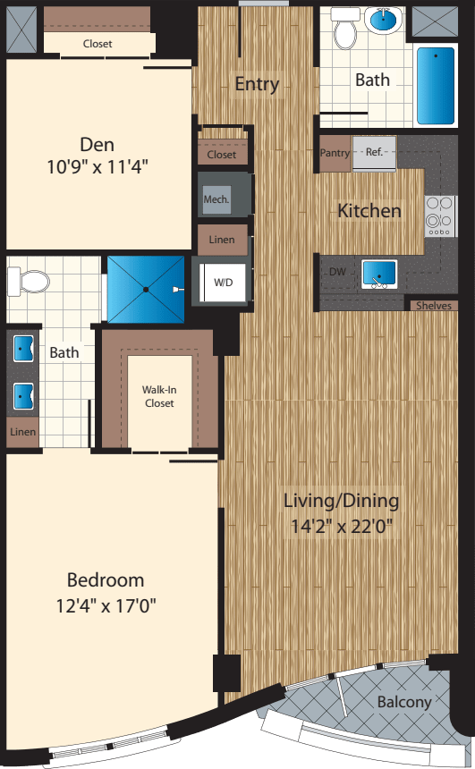 One Bedroom+Den J 1193 floor plan