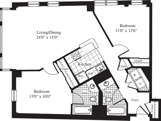 2 Bedrooms H floor plan