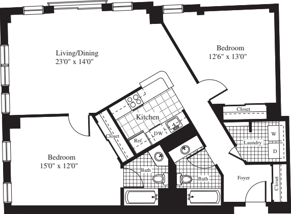 2 Bedrooms U floor plan