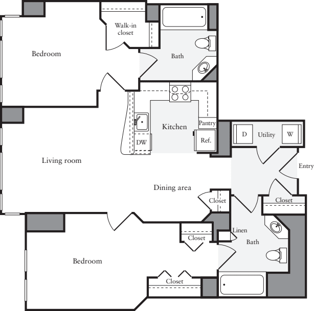 2 Bedrooms H floor plan