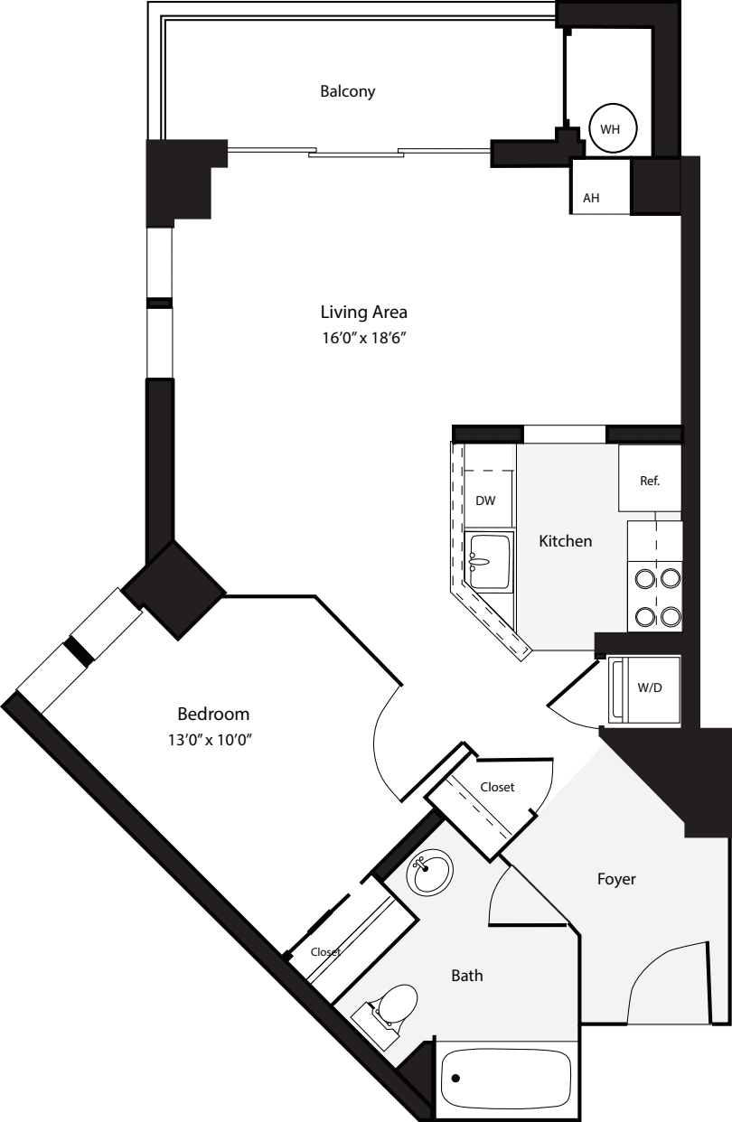 1 Bedroom B no Terrace floor plan