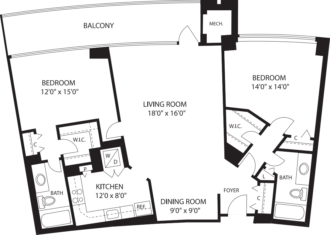 2 Bedrooms H floor plan