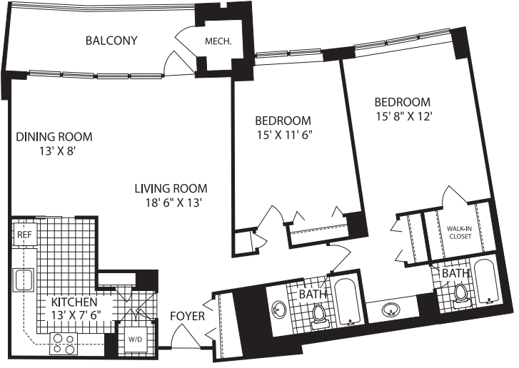 2 Bedrooms L floor plan