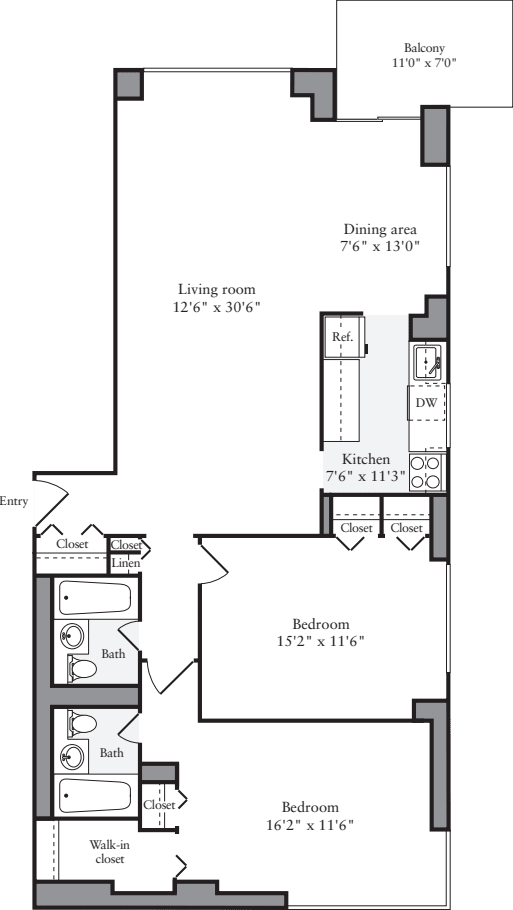2 Bedrooms H floor plan