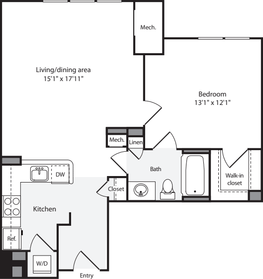 1 Bedroom F No Fireplace floor plan