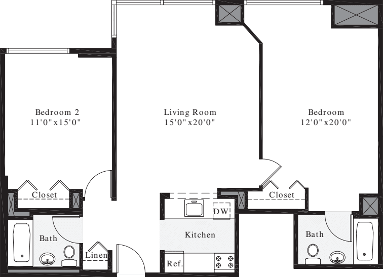 2 Bedrooms H floor plan
